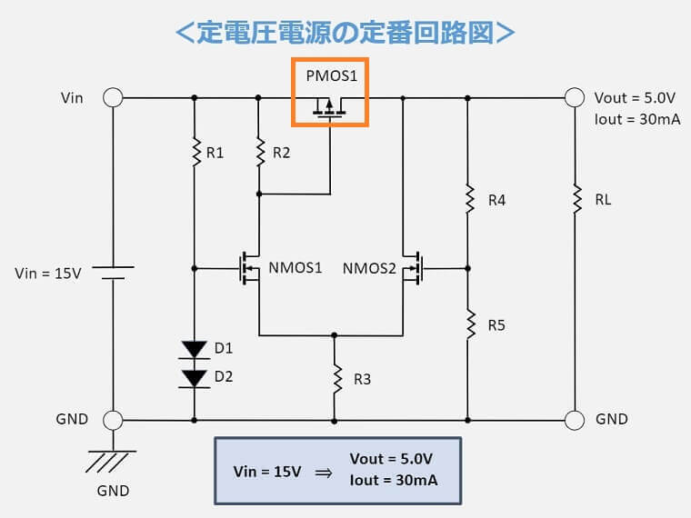 MOSFETを使用した定電圧回路の定番回路図(PMOS1選定)